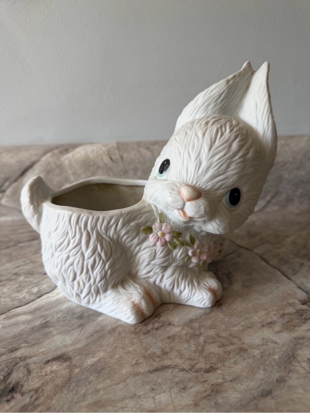 White Ceramic Bunny Planter with Pastel Flower Accent